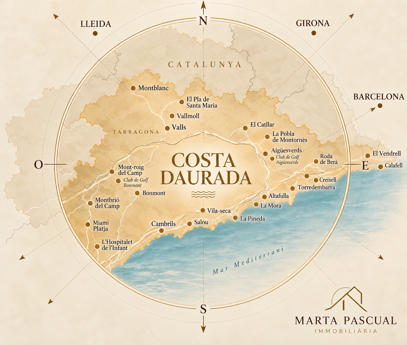 Mapa il·lustrat de la Costa Daurada amb Cambrils, Salou, Vila-seca, Tarragona i Valls